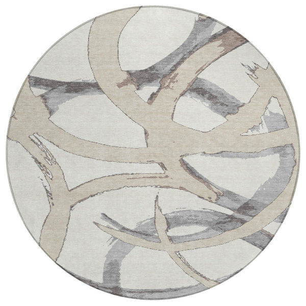 HomeRoots 5' Abstract Ivory Gray Beige Area Rug – Stylish, Washable, Indoor/Outdoor, Durable for High-Traffic Areas 8' Round 599132