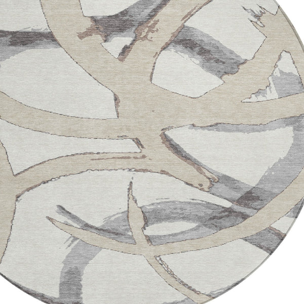 Homeroots 3' Beige Ivory And Gray Abstract Washable Area Rug For Indoor And Outdoor Spaces, Durable Design 8' Round Polyester 599132