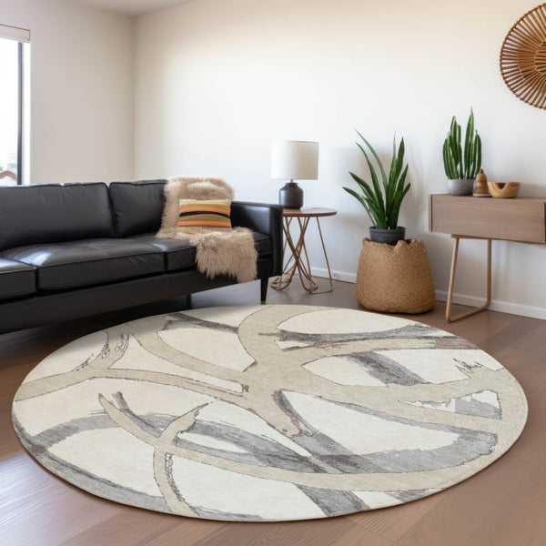 Homeroots 3' Beige Ivory And Gray Abstract Washable Area Rug For Indoor And Outdoor Spaces, Durable Design 8' Round Polyester 599132