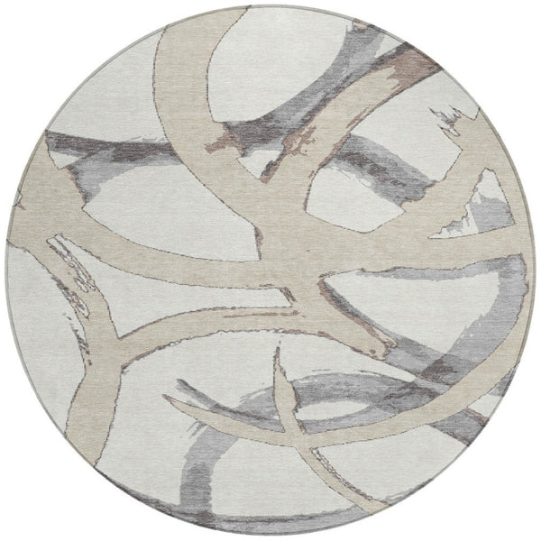 Homeroots 3' Beige Ivory And Gray Abstract Washable Area Rug For Indoor And Outdoor Spaces, Durable Design 8' Round Polyester 599132
