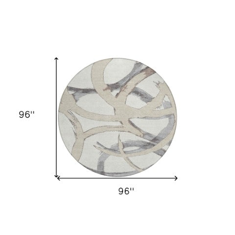 Homeroots 3' Beige Ivory And Gray Abstract Washable Area Rug For Indoor And Outdoor Spaces, Durable Design 8' Round Polyester 599132
