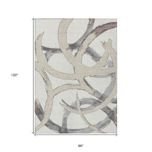 Homeroots 3' Beige Ivory And Gray Abstract Washable Area Rug For Indoor And Outdoor Spaces, Durable Design 8' X 10' Polyester 599133