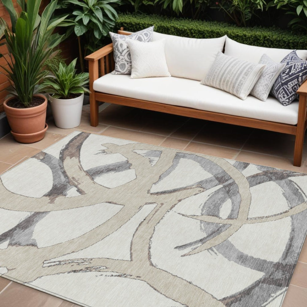 HomeRoots 5' Abstract Ivory Gray Beige Area Rug – Stylish, Washable, Indoor/Outdoor, Durable for High-Traffic Areas 8' X 10' 599133
