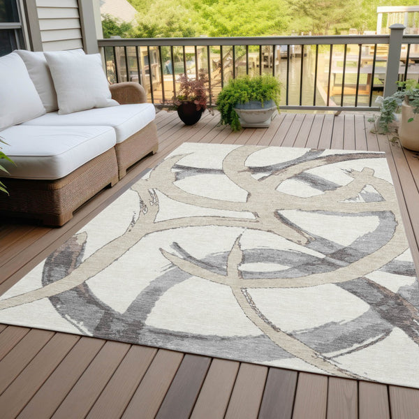 Homeroots 3' Beige Ivory And Gray Abstract Washable Area Rug For Indoor And Outdoor Spaces, Durable Design 8' X 10' Polyester 599133