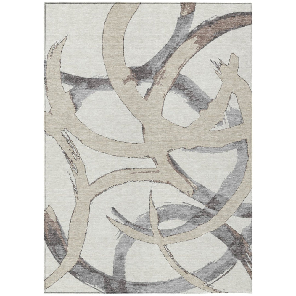 HomeRoots 5' Abstract Ivory Gray Beige Area Rug – Stylish, Washable, Indoor/Outdoor, Durable for High-Traffic Areas 8' X 10' 599133
