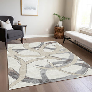 Homeroots 3' Beige Ivory And Gray Abstract Washable Area Rug For Indoor And Outdoor Spaces, Durable Design 9' X 12' Polyester 599134