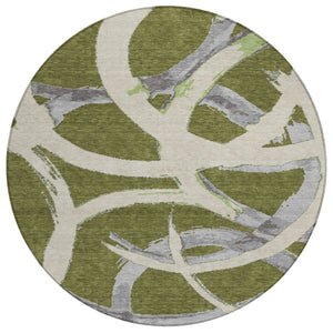 HomeRoots 5' Abstract Olive Green and Beige Washable Area Rug - Durable, Stylish for Indoor and Outdoor Use 8' Round 599144
