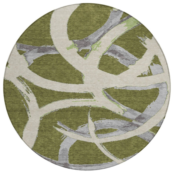 HomeRoots 5' Abstract Olive Green and Beige Washable Area Rug - Durable, Stylish for Indoor and Outdoor Use 8' Round 599144