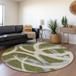 Homeroots 3' Beige Ivory And Gray Abstract Washable Area Rug For Indoor And Outdoor Spaces, Durable Design 8' Round Polyester 599144