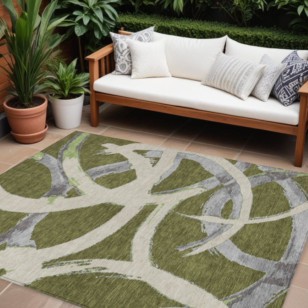 HomeRoots 9' Olive Green Beige and Gray Abstract Washable Rug - Durable Indoor/Outdoor Area Rug for High Traffic 599146