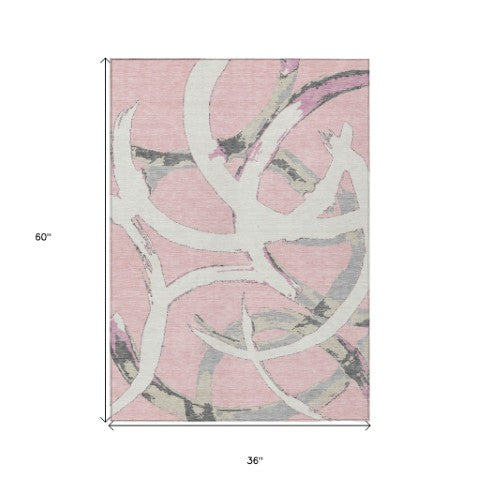 Homeroots 3' Beige Ivory And Gray Abstract Washable Area Rug For Indoor And Outdoor Spaces, Durable Design 3' X 5' Polyester 599148