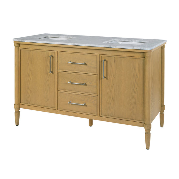 Butler Bianca 60" W Wood & Marble Double Sink Vanity – Elegant Light Brown Design for Luxurious Baths