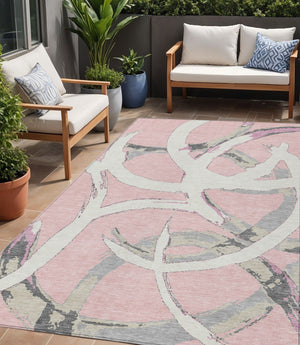 Homeroots 3' Beige Ivory And Gray Abstract Washable Area Rug For Indoor And Outdoor Spaces, Durable Design 5' X 8' Polyester 599149