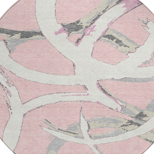 Homeroots 3' Beige Ivory And Gray Abstract Washable Area Rug For Indoor And Outdoor Spaces, Durable Design 8' Round Polyester 599150