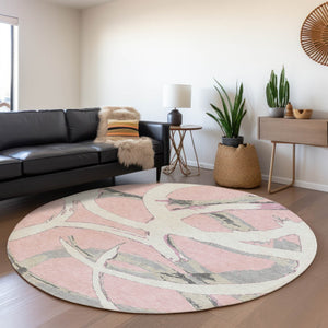 Homeroots 3' Beige Ivory And Gray Abstract Washable Area Rug For Indoor And Outdoor Spaces, Durable Design 8' Round Polyester 599150