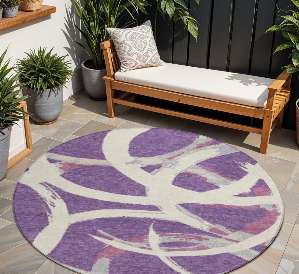 HomeRoots 5' Stylish Purple, Ivory, and Gray Abstract Washable Area Rug for Indoor & Outdoor Spaces 8' Round 599156