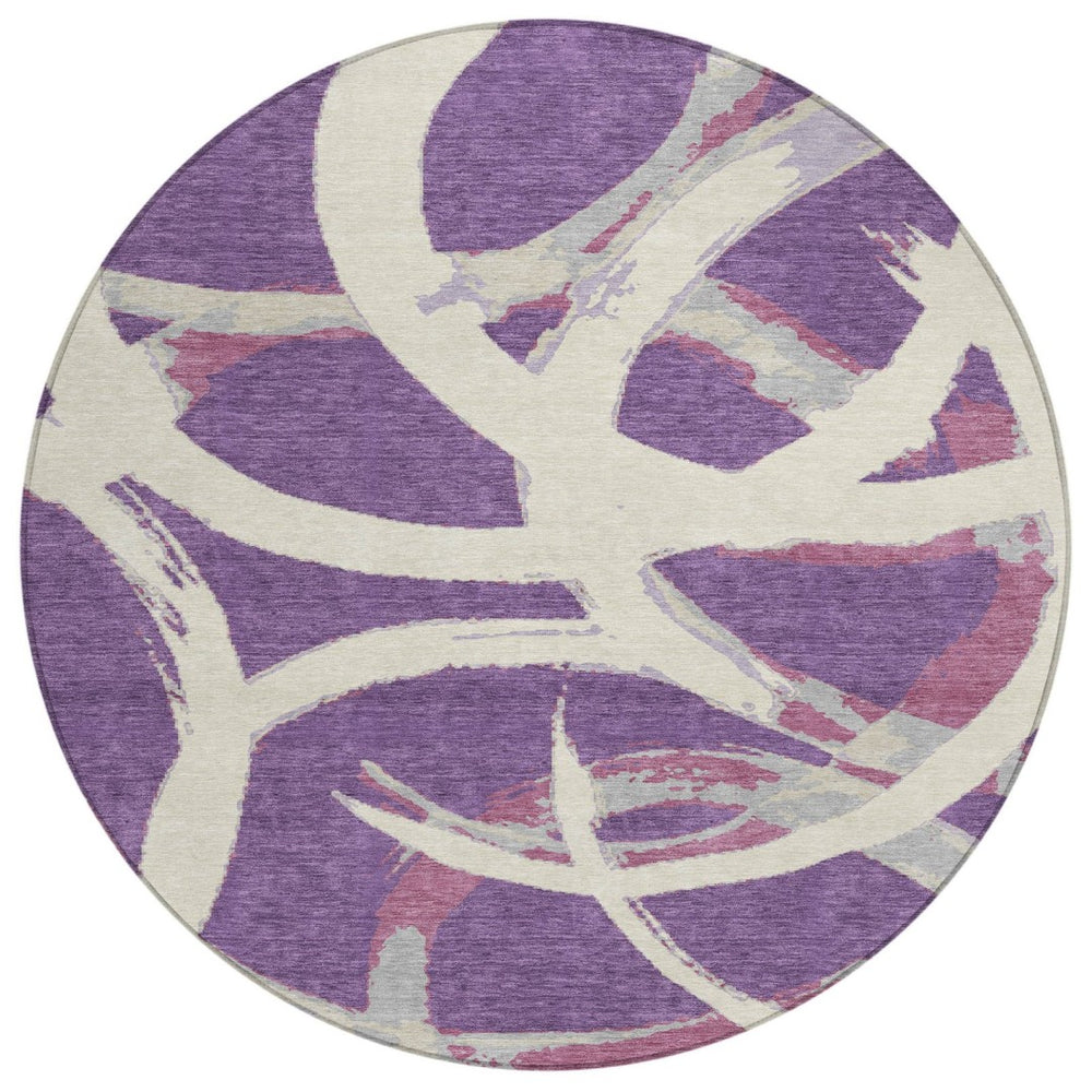 HomeRoots 5' Stylish Purple, Ivory, and Gray Abstract Washable Area Rug for Indoor & Outdoor Spaces 8' Round 599156