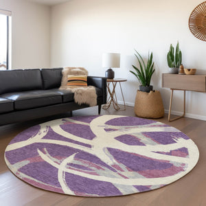 Homeroots 3' Beige Ivory And Gray Abstract Washable Area Rug For Indoor And Outdoor Spaces, Durable Design 8' Round Polyester 599156