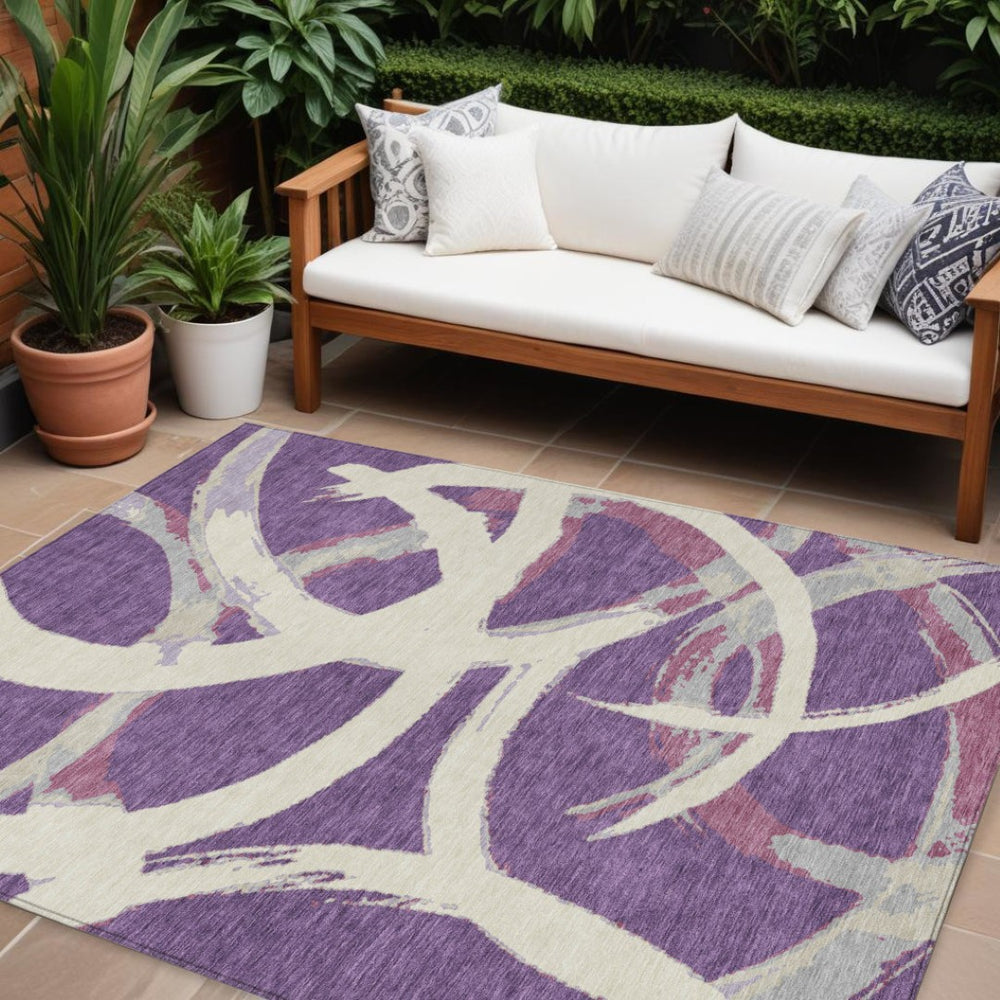 HomeRoots 9' Indoor/Outdoor Area Rug - Abstract Purple, Ivory & Gray, Washable, Heavy-Duty, Modern Design 599158