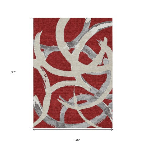 Homeroots 3' Beige Ivory And Gray Abstract Washable Area Rug For Indoor And Outdoor Spaces, Durable Design 3' X 5' Polyester 599160