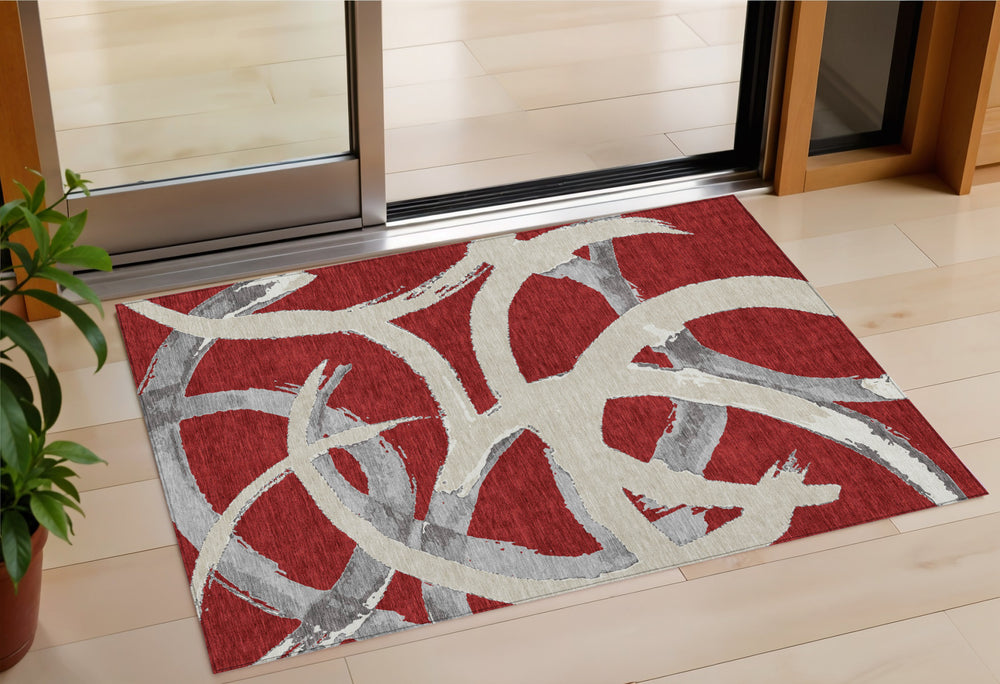 Homeroots 3' Beige Ivory And Gray Abstract Washable Area Rug For Indoor And Outdoor Spaces, Durable Design 3' X 5' Polyester 599160