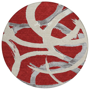 HomeRoots 5' Modern Abstract Area Rug in Red, Beige & Gray - Washable, Durable, Indoor/Outdoor Use, Kid-Friendly 8' Round 599162