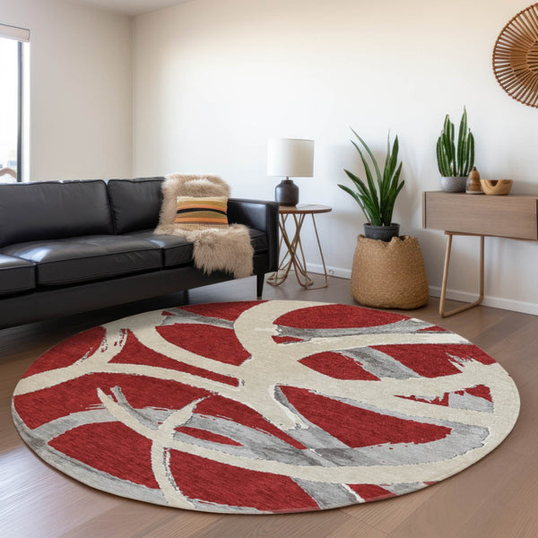 Homeroots 3' Beige Ivory And Gray Abstract Washable Area Rug For Indoor And Outdoor Spaces, Durable Design 8' Round Polyester 599162