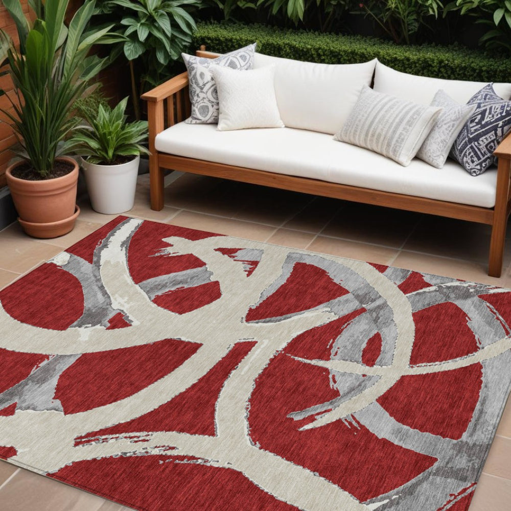 HomeRoots 9' X 12' Abstract Red Beige Gray Area Rug - Washable, Durable, Indoor/Outdoor, Modern Design for High-Traffic Areas 599164