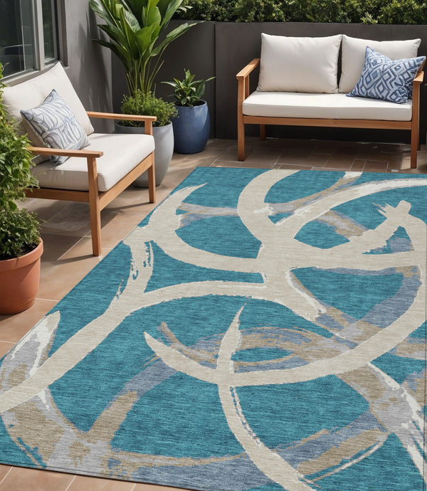 Homeroots 3' Beige Ivory And Gray Abstract Washable Area Rug For Indoor And Outdoor Spaces, Durable Design 5' X 8' Polyester 599167