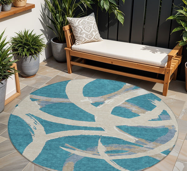 Homeroots 3' Beige Ivory And Gray Abstract Washable Area Rug For Indoor And Outdoor Spaces, Durable Design 8' Round Polyester 599168