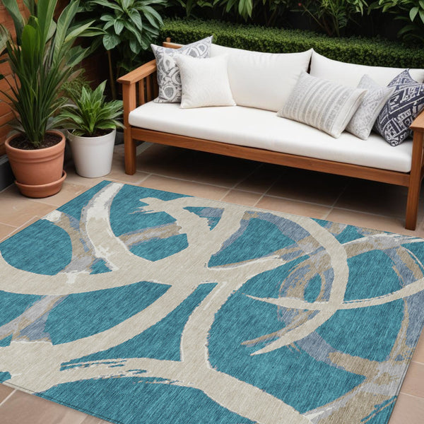 Homeroots 3' Beige Ivory And Gray Abstract Washable Area Rug For Indoor And Outdoor Spaces, Durable Design 10' X 14' Polyester 599171