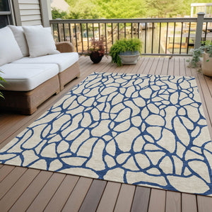 Homeroots 3' Beige And Blue Geometric Indoor Outdoor Area Rug – Durable, Washable, Stylish For Any Space 3' X 5' Polyester 599172