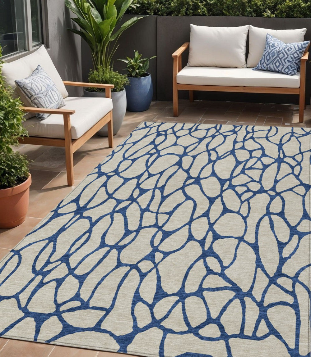 HomeRoots 5' Stylish Beige and Blue Geometric Washable Indoor Outdoor Area Rug for High-Traffic Spaces 5' X 8' 599173