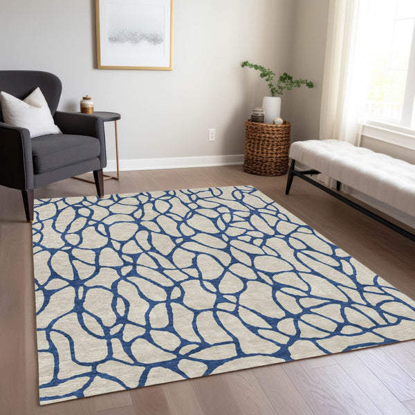 Homeroots 3' Beige And Blue Geometric Indoor Outdoor Area Rug – Durable, Washable, Stylish For Any Space 5' X 8' Polyester 599173