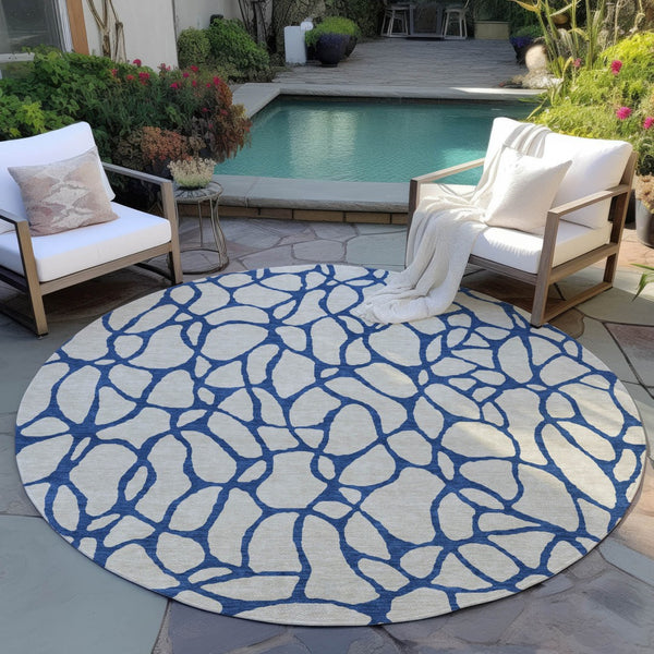 Homeroots 3' Beige And Blue Geometric Indoor Outdoor Area Rug – Durable, Washable, Stylish For Any Space 8' Round Polyester 599174