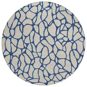 HomeRoots 5' Stylish Beige and Blue Geometric Washable Indoor Outdoor Area Rug for High-Traffic Spaces 8' Round 599174