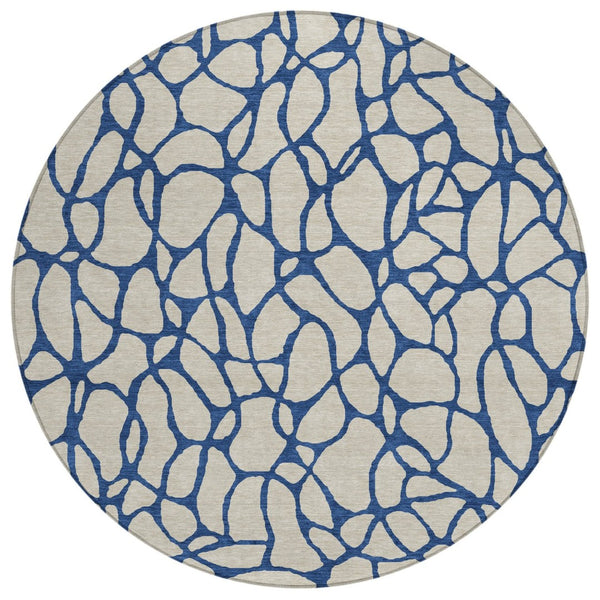 HomeRoots 5' Stylish Beige and Blue Geometric Washable Indoor Outdoor Area Rug for High-Traffic Spaces 8' Round 599174