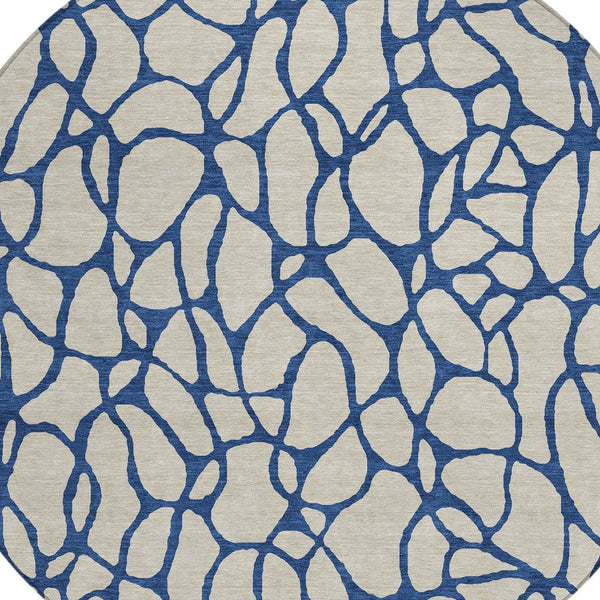 Homeroots 3' Beige And Blue Geometric Indoor Outdoor Area Rug – Durable, Washable, Stylish For Any Space 8' Round Polyester 599174