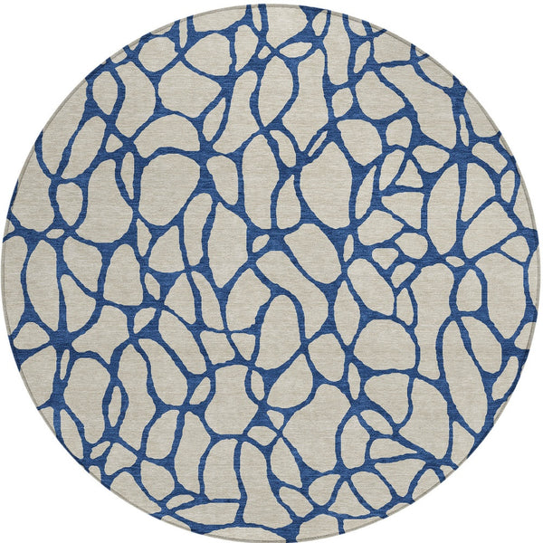 Homeroots 3' Beige And Blue Geometric Indoor Outdoor Area Rug – Durable, Washable, Stylish For Any Space 8' Round Polyester 599174