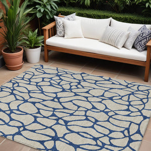 Homeroots 3' Beige And Blue Geometric Indoor Outdoor Area Rug – Durable, Washable, Stylish For Any Space 8' X 10' Polyester 599175