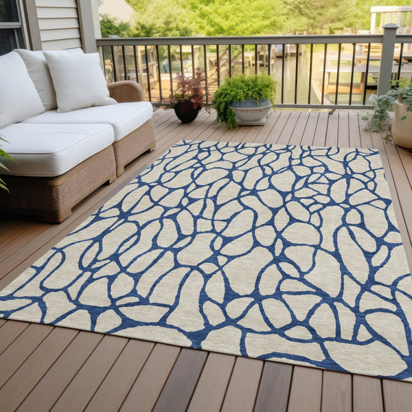 Homeroots 3' Beige And Blue Geometric Indoor Outdoor Area Rug – Durable, Washable, Stylish For Any Space 9' X 12' Polyester 599176