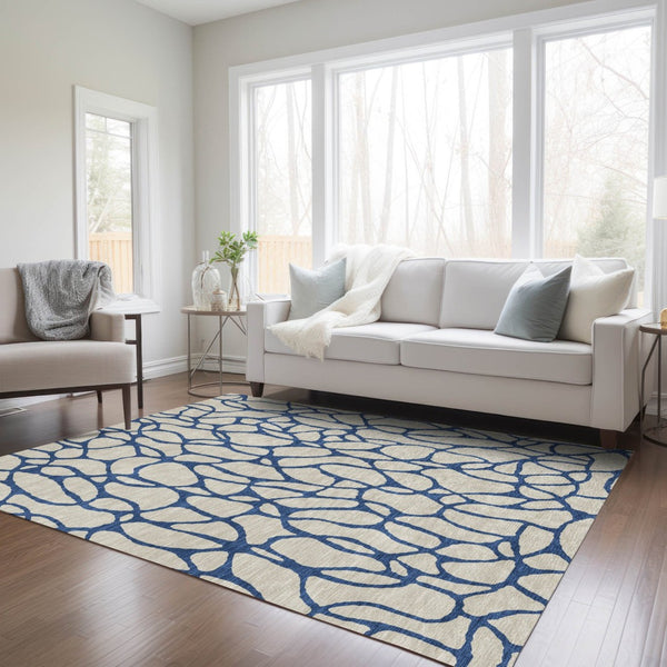 HomeRoots 9' X 12' Beige and Blue Geometric Washable Area Rug - Stylish, Durable, Indoor/Outdoor Décor Solution 599176