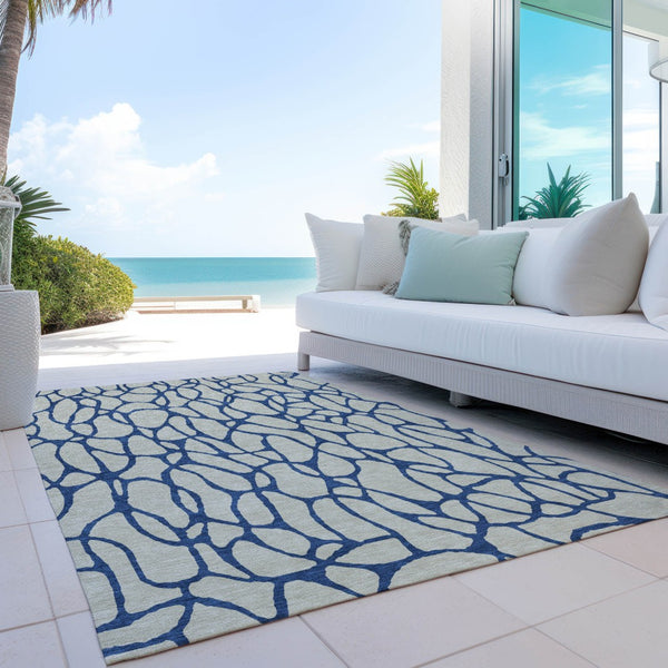 Homeroots 3' Beige And Blue Geometric Indoor Outdoor Area Rug – Durable, Washable, Stylish For Any Space 9' X 12' Polyester 599176