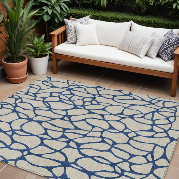 Homeroots 3' Beige And Blue Geometric Indoor Outdoor Area Rug – Durable, Washable, Stylish For Any Space 10' X 14' Polyester 599177