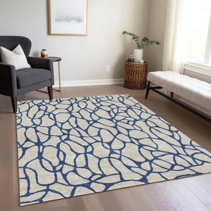 Homeroots 3' Beige And Blue Geometric Indoor Outdoor Area Rug – Durable, Washable, Stylish For Any Space 10' X 14' Polyester 599177
