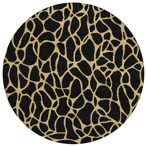 HomeRoots 5' Black and Gold Geometric Area Rug - Durable, Washable, Non-Slip Design for Indoor and Outdoor Use 8' Round 599180