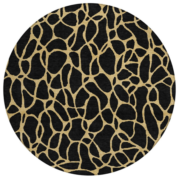 HomeRoots 5' Black and Gold Geometric Area Rug - Durable, Washable, Non-Slip Design for Indoor and Outdoor Use 8' Round 599180
