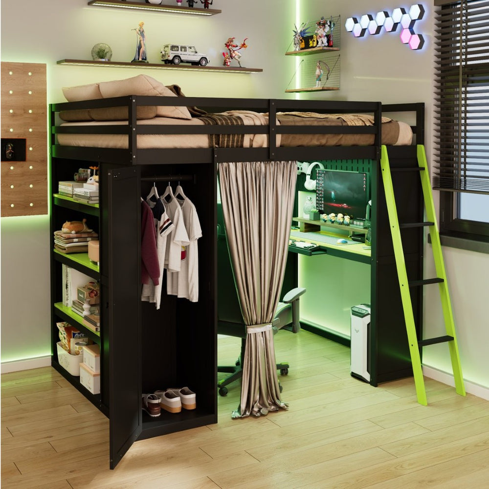 English Elm Full Size Wood Loft Bed with Wardrobe Desk Shelves Rgb Lighting and Blackout Curtains Black+Green LT000269AAF-1