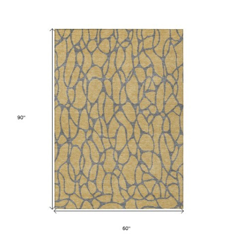 Homeroots 3' Beige And Blue Geometric Indoor Outdoor Area Rug – Durable, Washable, Stylish For Any Space 5' X 8' Polyester 599191