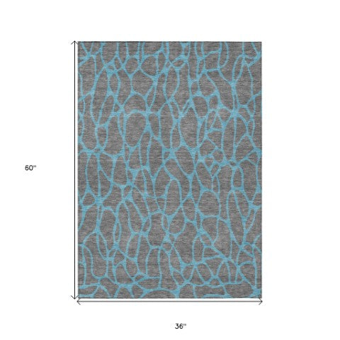 Homeroots 3' Beige And Blue Geometric Indoor Outdoor Area Rug – Durable, Washable, Stylish For Any Space 3' X 5' Polyester 599196